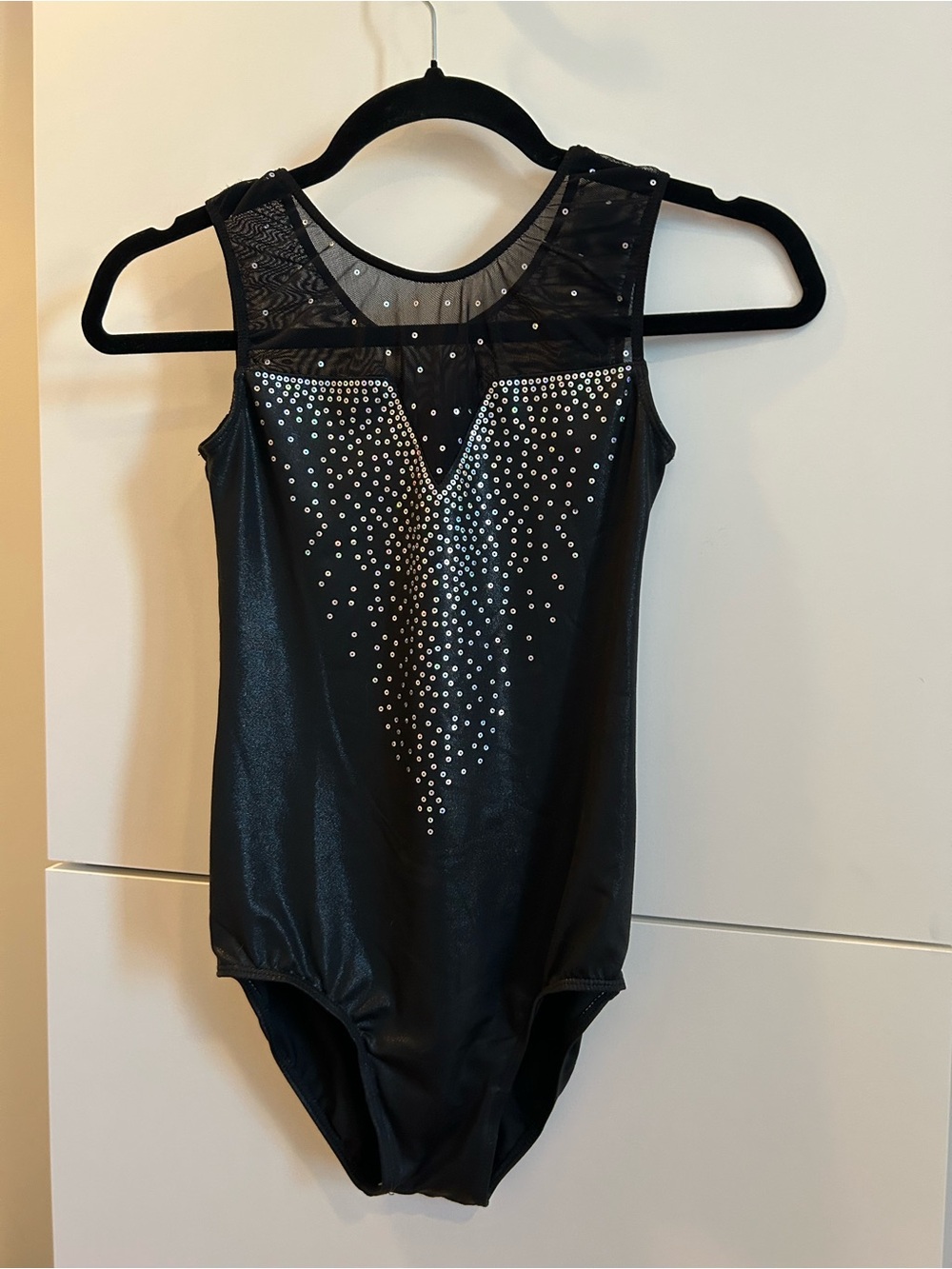 Black Sparkle Dance Gymnastics Leotard with Mesh and Sequins- Size 14A